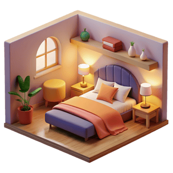elegant contemporary Cozy 3D Bedroom Illustration exclusive png