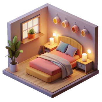 vibrant minimalist Cozy 3D Bedroom Illustration authentic png