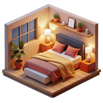 extraordinary classic Cozy 3D Isometric Bedroom Illustration detailed png