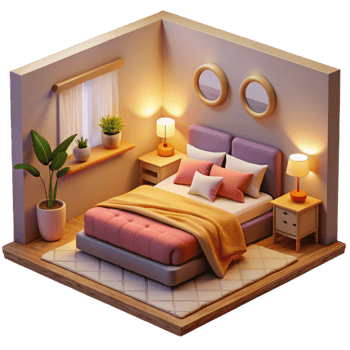 elegant vintage Cozy 3D Bedroom Illustration Night Scene professional png
