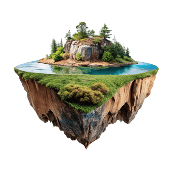 A Stunning Surreal Floating Island Landscape with Lush Greenery and a Tranquil Lake png