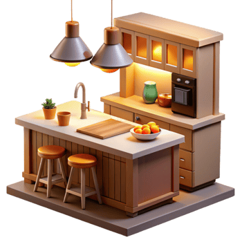 beautiful modern Cozy Kitchen Island 3D Render professional png