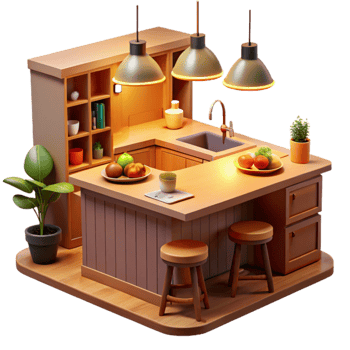 elegant contemporary 3D Render Cozy Kitchen Island high resolution png