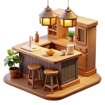 dramatic minimalist Cozy 3D Kitchen Island Illustration authentic png