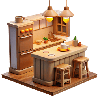 beautiful traditional Cozy 3D Kitchen Illustration original png