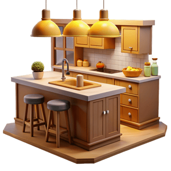 beautiful rustic 3D Render Cozy Kitchen Island Illustration high resolution png