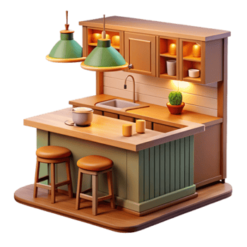 extraordinary minimalist Cozy Kitchen Island 3D Render premium png