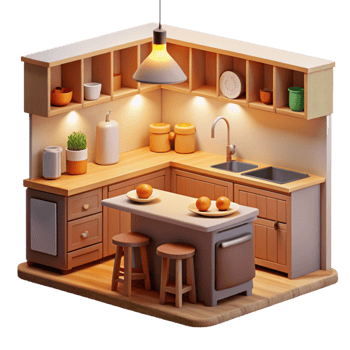 impressive classic Cozy 3D Rendered Kitchen Illustration authentic png
