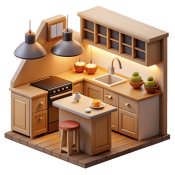 elegant minimalist Cozy 3D Isometric Kitchen Illustration detailed png