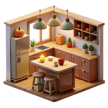 elegant minimalist Cozy 3D Kitchen Illustration high resolution png