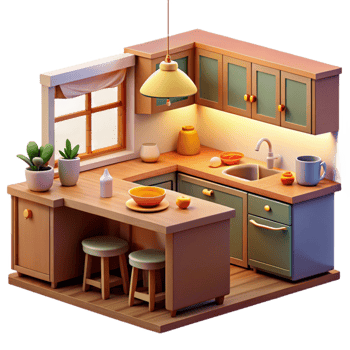 stunning contemporary Cozy 3D Kitchen Illustration premium png