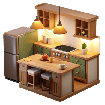 impressive classic Cozy 3D Kitchen Illustration detailed png