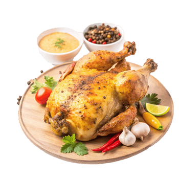 A Delicious Roasted Chicken with Garlic Chili Lime and Herbs on a Wooden Platter png