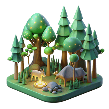 beautiful abstract Enchanted 3D Forest Illustration Magical Night Scene with Animals original png