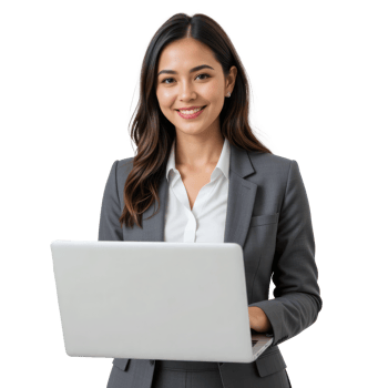 businesswoman with a laptop standing at copy space on a transparent background. png