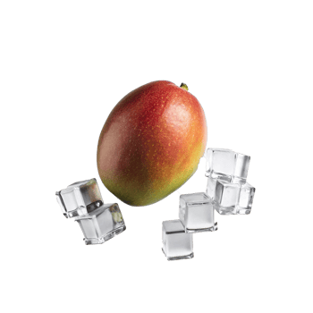 A single ripe mango levitating with several ice cubes against a white background png