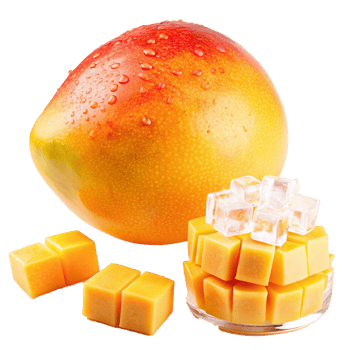 Ripe juicy mango with fresh ice cubes and diced mango pieces png