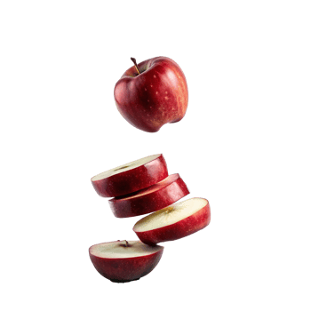 A Red Apple Suspended in Air with Slices Falling Down png