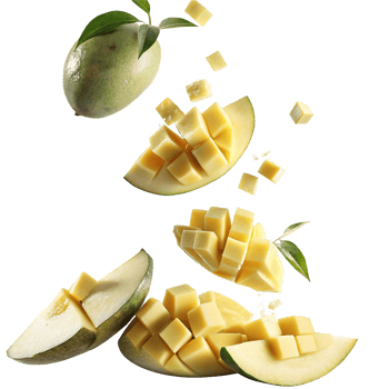 Floating Mango Cubes and Whole Mangoes in Air, Fresh Tropical Fruit Deliciousness png