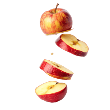 A whole red apple and three slices falling in the air, fresh fruit, healthy eating png