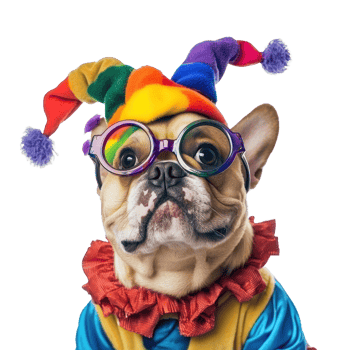 A dog wearing clown jester hat and glasses full length isolate on transparent background png