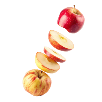 Delicious Red and Yellow Apples Falling in Mid Air Sliced and Whole Showing Juicy Texture png