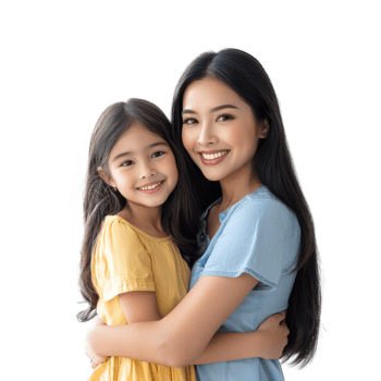 asian mother and daughter hugging on white background png