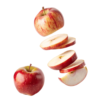 A whole red apple and several slices of the same apple are shown floating against a white background png