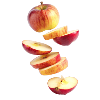 A whole red apple and several sliced pieces are falling against a white background png
