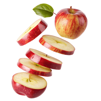 A Red Apple Sliced and Whole in Mid Air with Green Leaf png