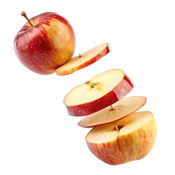 A whole red apple and several sliced pieces levitating against a creamy white background png