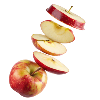 A delicious red apple sliced into perfect segments floating in midair against a white background png