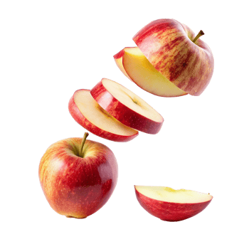 A Red Apple Sliced and in Pieces Floating in the Air Isolated on White Background png