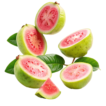 Fresh Red Guavas Cut in Half with Green Leaves a Delicious Tropical Fruit png