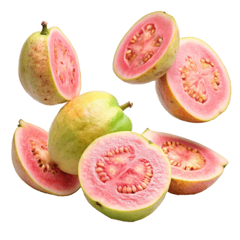 A Collection of Fresh Pink Guavas Sliced and Whole Showing Juicy Pink Flesh and Seeds png