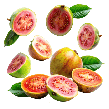 A Collection of Red and Green Guavas Cut in Half and Whole Showing Their Juicy Interior and Seeds png