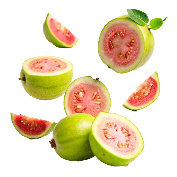 A Collection of Fresh Guavas Cut and Whole Showing Pink Flesh and Green Skin png