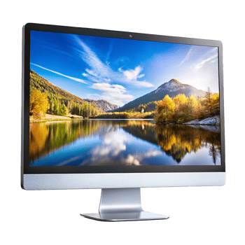 Stunning Mountain Lake Reflection Displayed on a Modern Silver Computer Monitor png