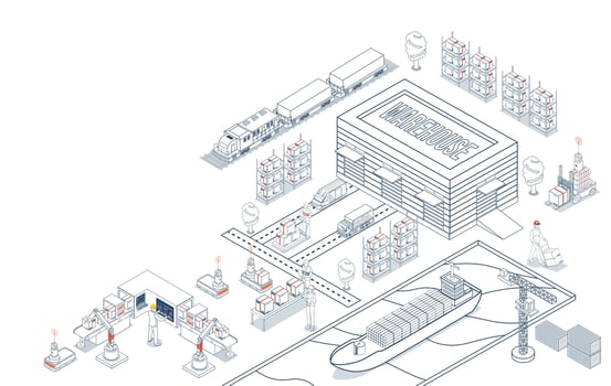 Smart warehouse automation with AGVs and AMRs, delivering global logistics solutions through integrated robotics and intelligent systems. vector