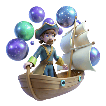 impressive classic 3D Illustration Cartoon Pirate Sailing Ship Cosmic Bubbles detailed png