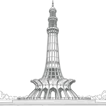 Detailed black and white line art illustration of Minar-e-Pakistan, historical landmark and national monument in Lahore, Pakistan, vector