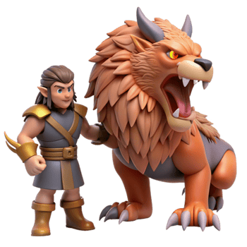 beautiful abstract 3D Render Fantasy Warrior and Lion original png