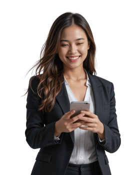 Professional Woman in Suit Holding Mobile Phone, . png