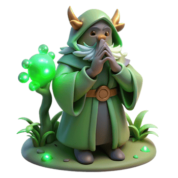 vibrant rustic 3D Render of a Green Robed Fantasy Wizard original png
