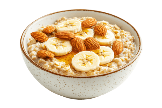 Healthy oatmeal bowl with banana and almonds png