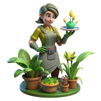 dramatic abstract 3D Cartoon Gardener with Plants detailed png