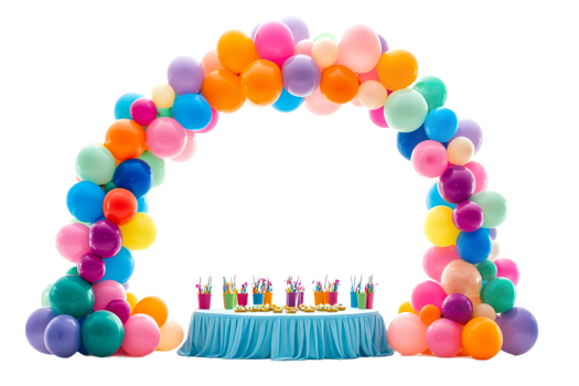 Colorful balloon arch and dessert table png