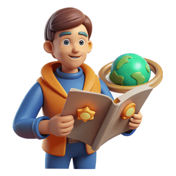 vibrant vintage 3D Cartoon Boy Reading Book about Planets original png
