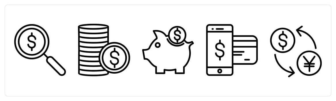 A set of 5 shopping icons as search money, coins, save money vector