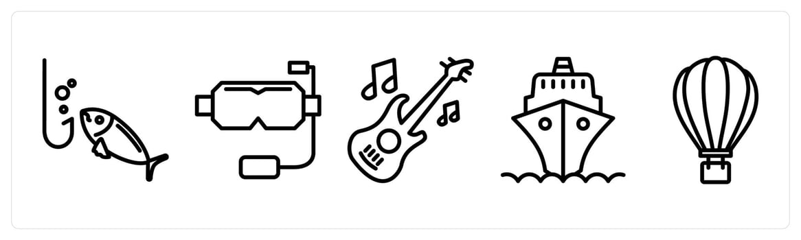 A set of 5 travel icons as fish hook, scuba, guitar vector
